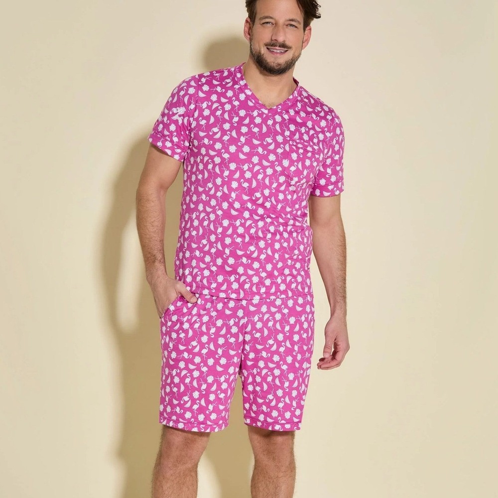 Cosabella Mens Pink Flamingo Seashell Print Pajama Set V-Neck Top Shorts NEW